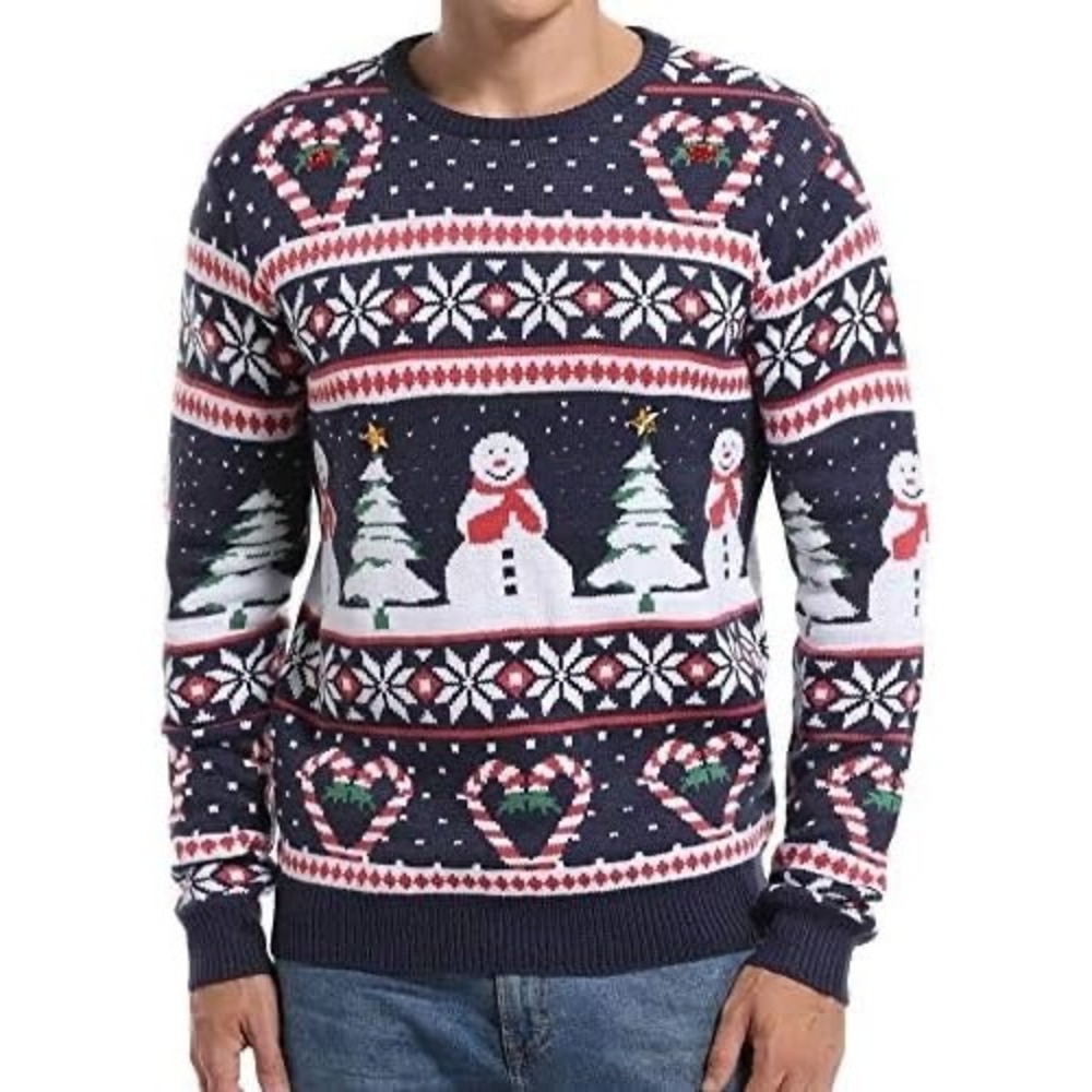 Daisys Boutique Snowman Fair Isle Navy Blue Holiday Sweater Mens Size XL